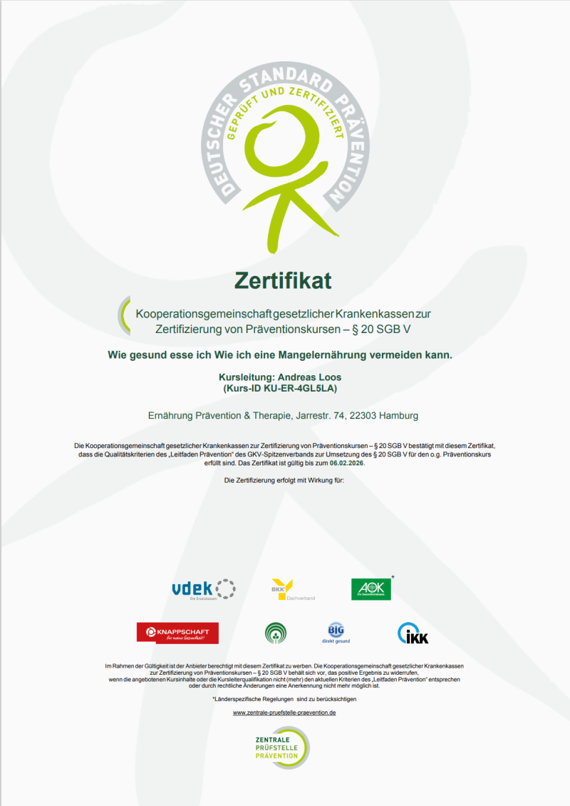 Zertifikat §20 SGBV für Ernährung und Prävention