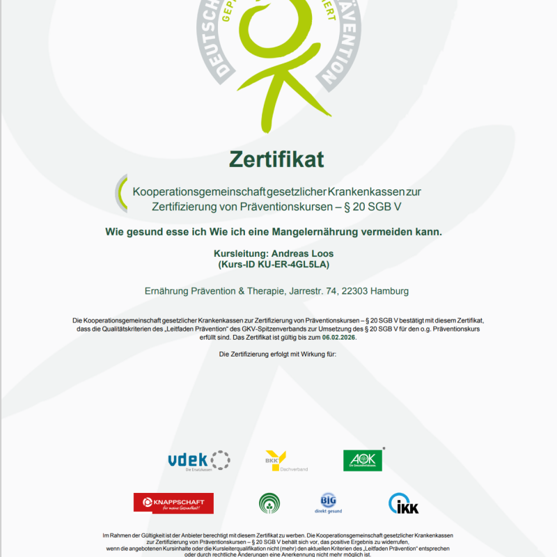 Zertifikat §20 SGBV für Ernährung und Prävention