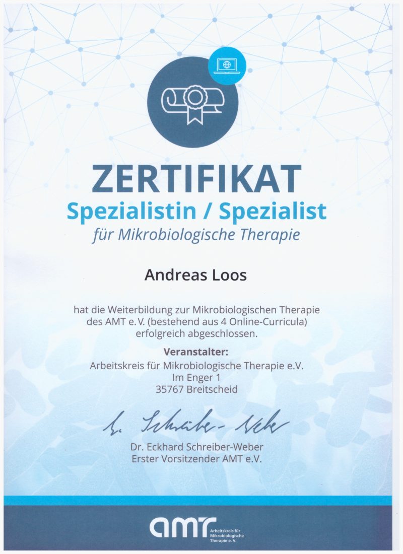 Mikrobiologische Therapie bei Ernährungsberater Andreas Loos Hamburg - Zertifikat Arbeitskreis Mikrobiologische Therapie e.V. (amr)