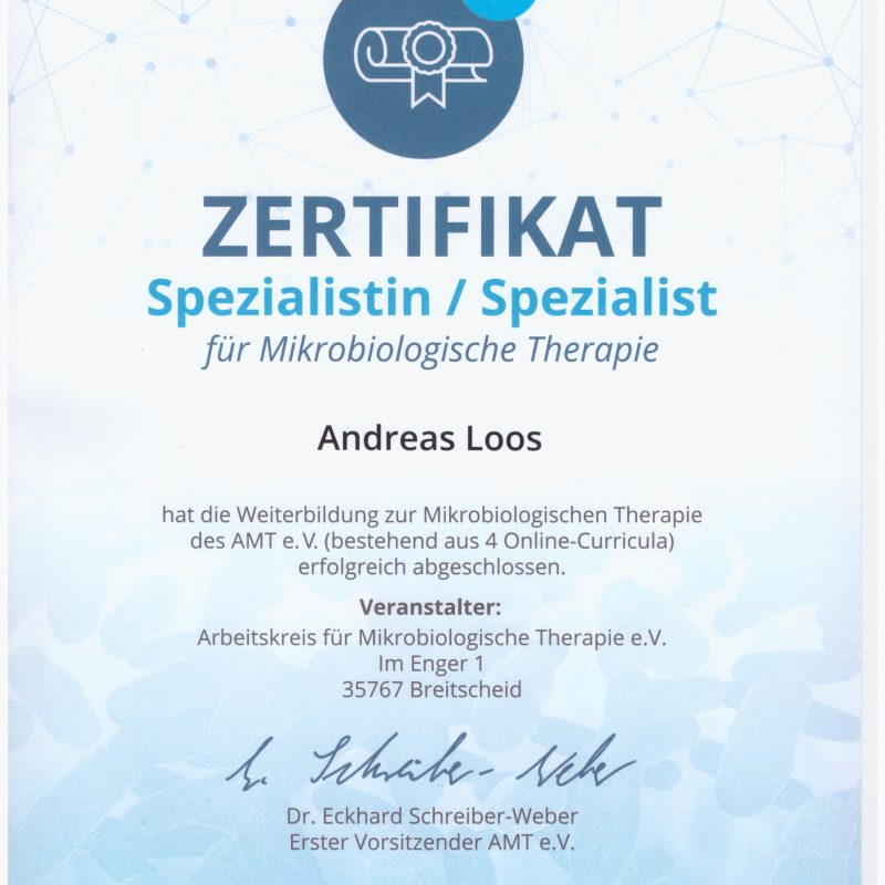 Mikrobiologische Therapie bei Ernährungsberater Andreas Loos Hamburg - Zertifikat Arbeitskreis Mikrobiologische Therapie e.V. (amr)