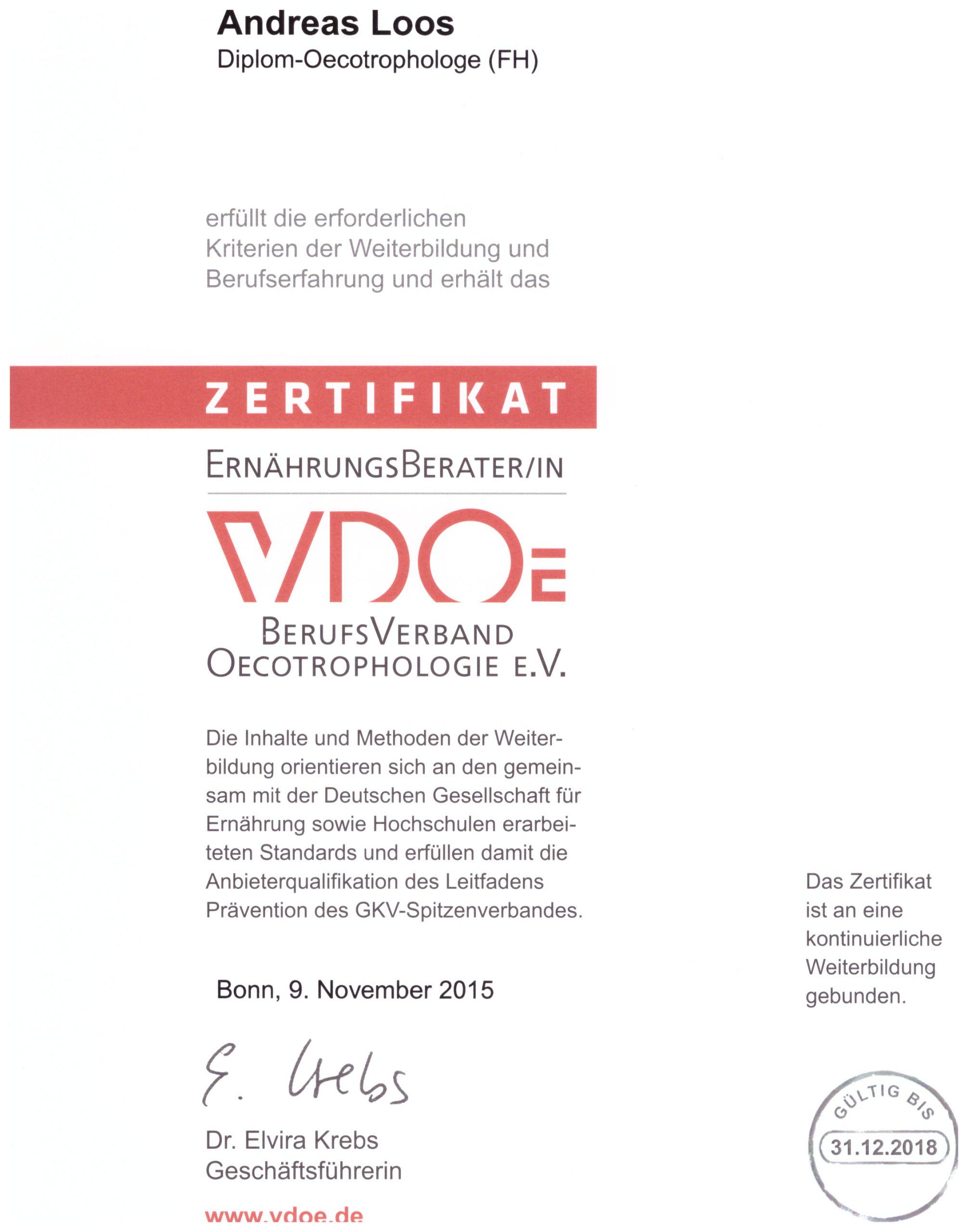 Zertifikat Ernährungsberater:in VDO 2018